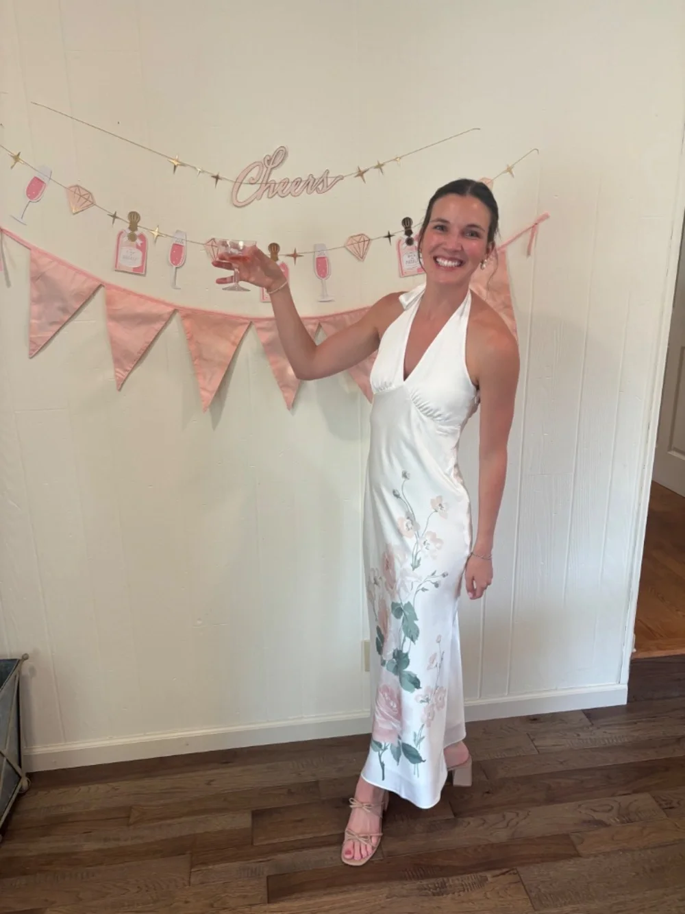 The A&F Julia slip halter dress - maxi white satin dress with pink florals